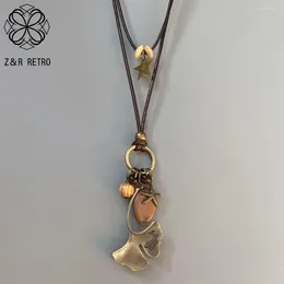 Pendant Necklaces Vintage Antique Leaf Necklace For Women Retro Long Collar Chains Pendants Geometric Handmade Jewelry Simple Metal