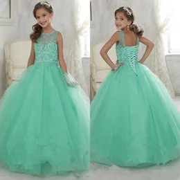 2021 Mint Green Green Little Girls Pageant Dresses Tulle Sheer Crew Neck Crystals Crystals Corset Back Flor Girls Birthday Princesa Dres 287b