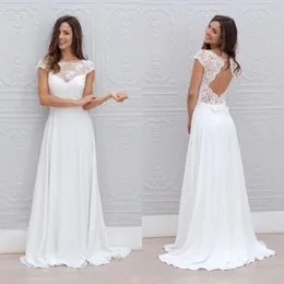 Elegant 2019 Boho Casual Beach Wedding Dresses Open Back Capped Sleeves A Line Sweep Train White Lace and Chiffon Summer Bridal Gowns 278c