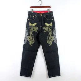 Calça de bordados de rua vintage jeans hiphop calças de jeans imprimidos namorado cobra de prata dourada lavando calças casuais mais tamanho 30-46