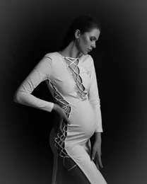 Abiti di maternità abito di maternità bianca Donne in gravidanza Sexy ritaglio allacciato-up abito fotografico a maniche lunghe separato T240509