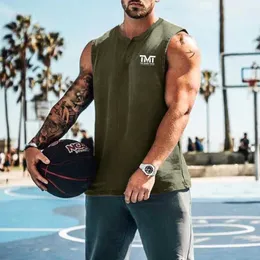 Erkek Tişörtleri Yaz Yeni Moda Pamuklu Kolsuz Henley Gömlek Tank Top Mens T-Shirt Spor Salonu Fitness Yüksek Kalite Tank Top Sıradan Sporlar Top J240509