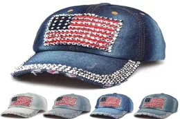 Fashion American Flag Baseball Cap Men Sport Rhinestone Jeans Cap Kobiet Kobiety Travel Bling Snapback Denim Sun Hat TTA1147190343