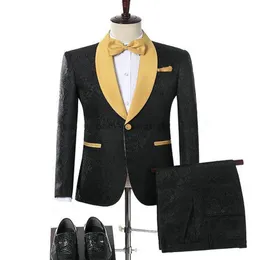 Herren Jacquard Gold Schal Anzug Anzug Party Bräutigam Hochzeitsbräutigam Smoking Blazer Custom Made Wedding Tuxedos Anzug Jacke Hosen 160i