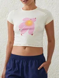 Женские футболки женские урожая повседневная слабая посадка с коротким рукавом круглый графический принт с помощью пупочной футболки для летних S M L