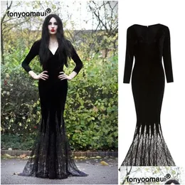 Tema Kostüm Cadılar Bayramı Cosplay Morticia Addams Hayalet Cadı Adt Kadınlar Korku Siyah Gotik Dantel Elbise Elbise Elbise Parti Karnavalı 221124 DHV6S