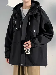 Spring Jacket Men Korean Fashion Unisex z kapturem multipockety wiatru z kapturem multipockets