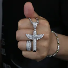 New Iced Out Bling 5A Cubic Zirconia Paved Pendant Prong Setting Wing Cross Necklace for Men Women Silver Color Hip Hop Jewelry