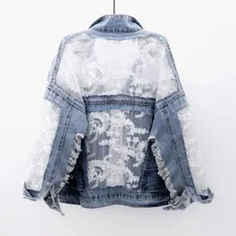 Chaquetas Mujer Yaz Bahar Sokak Giyim Nakış Dantel Patchwork Seksi Denim Ceket Kadın Yıpranmış Püskül Gevşek Kot Palto 240430