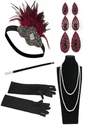 1920 Women039S Vintage Gatsby Feather pannband Flapper Kostymtillbehör Cigaretthållare Pearl Necklace Gloves Set Hair1661068