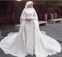 Modest Muslim Mermaid Wedding Dresses with Detachable Train Lace Appliques Overskirt Bridal Gowns Hijab Court Train Vintage Robes 6587563