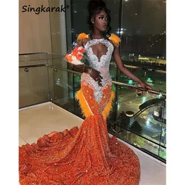 Blowly Orange Prom Dress 2024 Glitter Crystal Peads Rhinestones Feathers Sequins Specjalny impreza wieczorna szata sukni