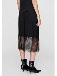 Юбки элегантная кружевная миди -юбка для женщин с высокой талией прямой дамы ацетат атласные джупы 2024