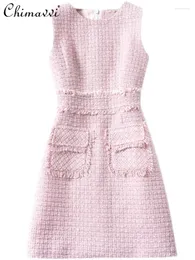 Casual Dresses Elegant Debutante Tweed Tassel Round Neck Sleeveless High Waist Slim Fit A-Line Pink Sweet Mini Birthday Dress Women 2024