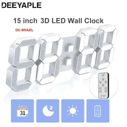 Relógios de parede Deeyaple 15 polegadas 3D LED Relógio de parede digital Controle remoto de grande alarme automático Dimizer automático 12/24 Home Decoration Home Q240509