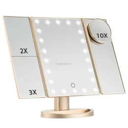 Compact Mirrors 22 lamp makeup mirror desktop LED touch screen 1X/2X/3X/10X magnifying glass valve high-definition Q240509