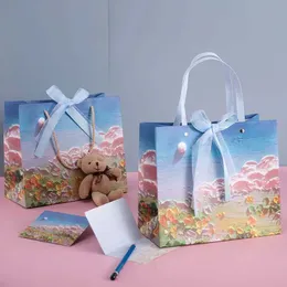 3pcs embrulhado portátil pintura a óleo caixas de embalagem de flores para festas de casamento sacolas de embalagem com manuseio de buquê de arranjo floral bolsa de buquê