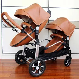 Коляски# Новые близнецы Baby Stroller 2 в 1Poussetette Double Jumeauxshell Double Strollerluxury Baby Carriageleather StrollerFolding Dram T240509