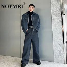 NOYMEI Solid Color Two Pieces Denim Set Washed Fashion Deckle Edge Shoulder Pad Short Jacket Straight Trousers Men Suit WA3330 240429