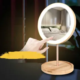 Компактные зеркала деревянное настольное светодиодное зеркало макияж 3X увеличение USB Зарядка Регулируемая диффузная световой сенсорный экран красавица Q240509