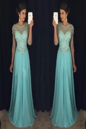 Chic Illusion Blue Prom Evening Dresses ALine Sheer Neck Rhinestones Major Beaded 34Long Sleeves Chiffon Formal Party Gown Celeb5343729