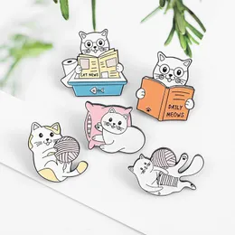 Cats Daily Enamel Pin Custom Cat Kitten Knitting Reading Playing Pillow Brooches Bag Lapel Pin Animal Badge Cute Jewelry Gift