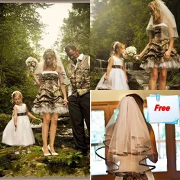 Wald Camo Kleider Kurzes Mini -Kleid trägerloser Land Hochzeit Tüll Boho Brautkleider Vestidos de Novia 0510