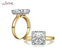 COLORFISH Luxury 4 Carat Princess Cut Sona Solitaire Engagement Ring Gold Color Tow Tone 925 Sterling Silver Ring For Women C181225581618