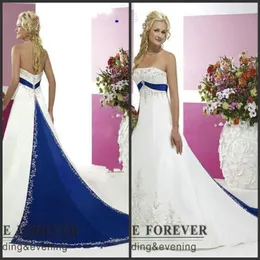 2021 New Vintage Style Plus Size Wedding Dresses Silver Embroidery On Satin White and Royal Blue Floor Length Bridal Gowns Custom Made 197E