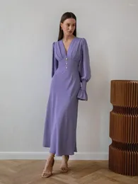 Casual Dresses Purple Spring Women's Long V-Neck French Chiffon Dress A-Line Slim Fit Elegant For Women 2024 Vestidos