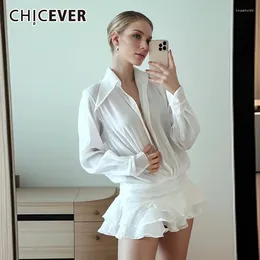 Casual Dresses CHICEVER Patchwork Ruffles Dress For Women Lapel Long Sleeve High Waist Single Breasted Folds Mini Female Summer 2024