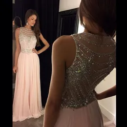 Gorgeous Crystal Long Pink Prom Dresses 2016 Beaded Sequins Evening Party Dresses Sheer Crew Neck Hollow Back vestido formatura Chiffon 254f