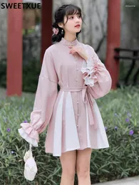 Платья для вечеринок Sweetxue 2024 Spring Sweet Kawaii платье Hanfu Женщины кружевные лоскутные лоскутные рукавы вышитые из бисера.