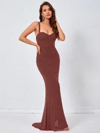 Casual Dresses Luxury Women's Evening 2024 Elegant Brown Red Sleeveless Bodycon Beading Glitter Maxi Long Celebrity Party Guestklänningar