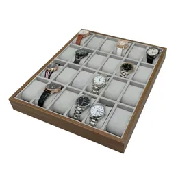 24 Slot Walnut Wood Watch Storage Display Box Uhrengeräte Display Tablett Uhrenständer mit Kissen Geschenkbox 240426