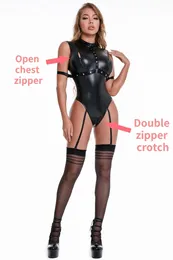Exotische Kunstleder -Bondage -Dessous -Bodysuit sexy Frauen enge Kleidung Strumpfband Oberschenkel -Schleuderstrümpfe Pushup BH Forming Trikot 240423