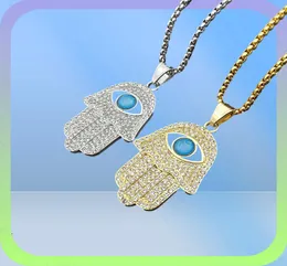 Turkish Hamsa Fatima Pendant Necklace Gold Stainless Steel Iced OutチェーンヒップホップWomenmen Jewelry 2106215684099