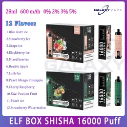 BOX ELF originale Shisha 16000 sbuffi Sigarette usa e getta 28 ml Pod 12 gusti 0% 2% 3% 5% Livello 600 mAh Sfuggini da batteria da 16K kit penna per vaporizzazione