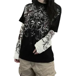 Xingqing Gothic Tops Women Vintage Graphic Print Patchwork Długie rękaw T koszule Y2K Dark Academia Estetyczne Ubrania uliczne 240510