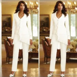 Trzy kawałki biała kość słoniowa 2019 Eleganckie matki spodnie spodnie Suits Standard Made Ruffles Chifon Mother of the Bride Surns Long Sl 313r