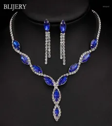 Blijery Silver Plated Royal Blue Crystal Wedding Smyckesuppsättningar för kvinnor Blad Tassel Long Necklace Earrings Bridal smyckesuppsättningar13008001580