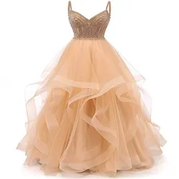 Vestidos de baile de miçangas de cristal de tule em camadas de vestidos de noite em camadas de espaguete, vestido de bola 227y