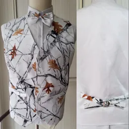 Beyaz Camo Düğün Yelekleri 2019 Yapraklar Patternweed Damat Yeleği İnce Fit Beş Düğme Erit