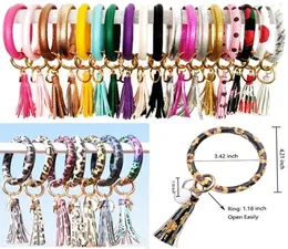 Mode Frauen Mädchen Tassels Party Armbänder PU Leder Wrap Party Key Ring Leopard Lily Print Schlüsselbund Armband Tropf Ölkreis Armreifen Ketten Armband 7595773