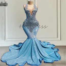 Sparkly Blue Diamonds 무도회 드레스 2024 Mermaid Evening Dress Beditter Shine Black Girls 형식 드레스 고급스러운 플러스 사이즈 크기 의식 로브 Soiree Hochzeits Kleid