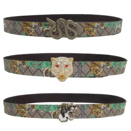 Western Print Leather Tiger Rhinestone Dragons Snake Alloy Buckle Men Jeans Causal Pants Belt 182L