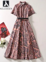 Sukienki imprezowe Aeleseen Vintage Summer Shirt Dress Women Runway Fashion Down-Down Obroża Wydrukowane eleganckie świąte