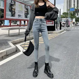 Kvinnors jeans blå grå mager blyertsbyxor kvinnor hög midja femme taille haute estetik casual koreansk elastisk denim blixtlås