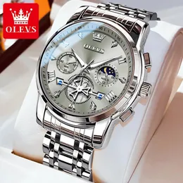 Olevs Mens Watches Classic Multifunctional Fltwheel Chronograph Original Quartz Wristwatch Moon Phase 24 Hour Waterproof Reloj 240425