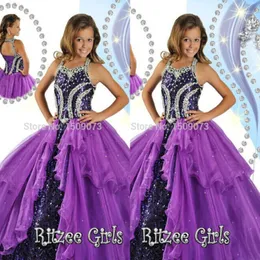 High Rated Purple Princess Girl's Pageant Dresses Halter Neck Corset Back Beads Sequin Ball Gown Glitz Girl Dresses HY1141 220Q